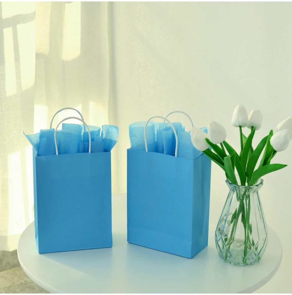 Blauwe Draagtassen van gekleurd kraftpapier met gevlochten oren 18x...