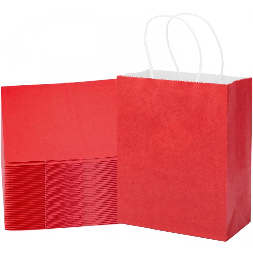 paquet de sacs en papier kraft rouge pliés à plat, soufflets latéraux visibles