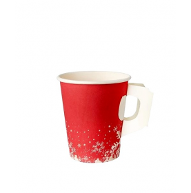 Rode kartonnen kerstbeker 240 ml met handvat en witte sneeuwvlokken - Packadi 2