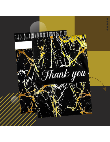 Verzendzakken met handvat « Thank you « Gold marble zwart formaat B4 25,5 x 37 + 7cm /Plastic Envelop / Verzendenveloppen