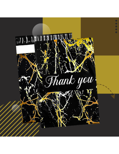 Verzendzakken met handvat « Thank you « Gold marble zwart formaat B4 25,5 x 37 + 7cm /Plastic Envelop / Verzendenveloppen