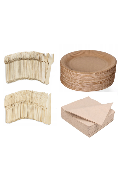 100 kartonnen borden 23cm +100 houten messen + 100 vorken + 100 kar...