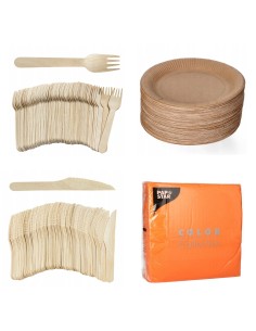 Kit 100 assiettes + couverts bois + serviettes | Packadi