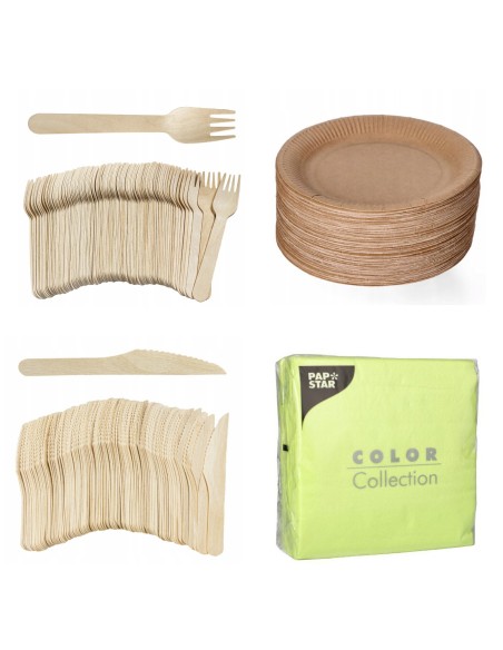 Kit 100 assiettes + couverts bois + serviettes | Packadi