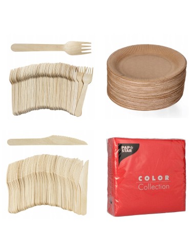 100 assiettes carton 23cm + 100 fourchettes +100 couteaux en bois+1...