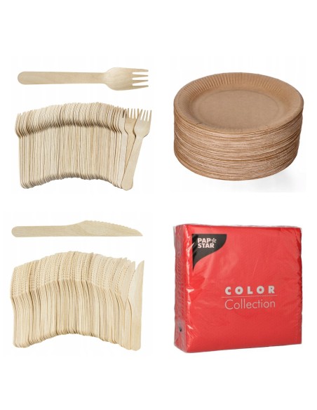 Kit 100 assiettes + couverts bois + serviettes | Packadi