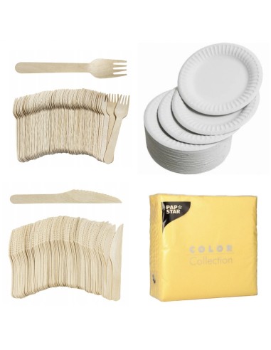 100 assiettes carton 23cm + 100 fourchettes +100 couteaux en bois+1...