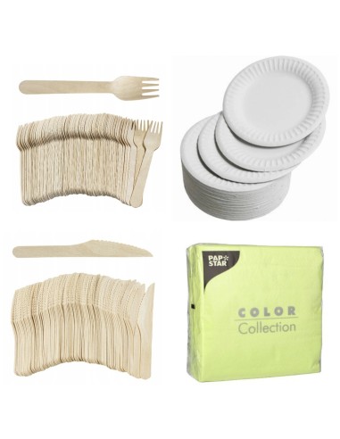 100 assiettes carton 23cm + 100 fourchettes +100 couteaux en bois+1...