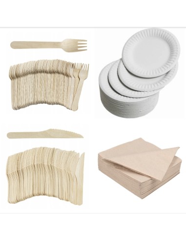 100 assiettes carton 23cm + 100 fourchettes +100 couteaux en bois+1...