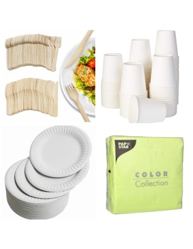 100 assiettes carton 23cm + 100 fourchettes +100 couteaux en bois+1...