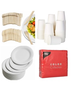 100 assiettes carton 23cm + 100 fourchettes +100 couteaux en bois+1... 2