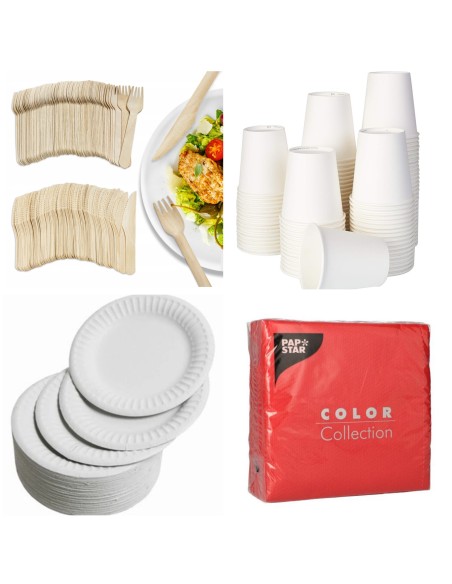 100 assiettes carton 23cm + 100 fourchettes +100 couteaux en bois+1...