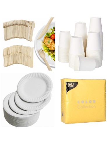 100 kartonnen borden 23cm +100 houten messen + 100 vorken + 100 kar...