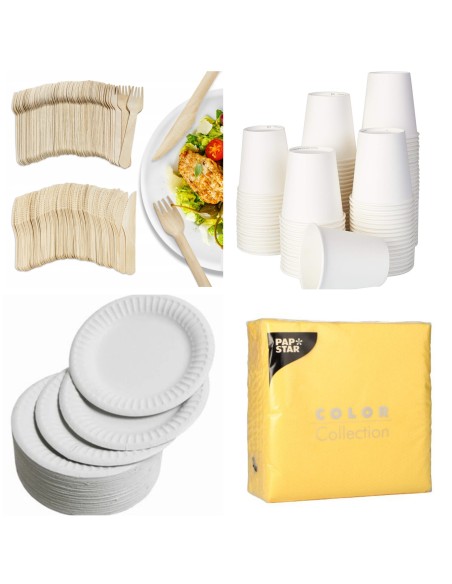 100 kartonnen borden 23cm +100 houten messen + 100 vorken + 100 kar...