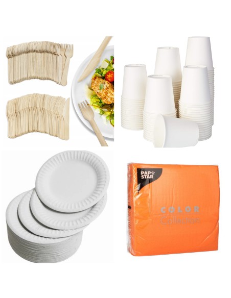 100 assiettes carton 23cm + 100 fourchettes +100 couteaux en bois+1...