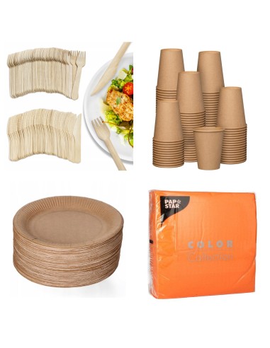 100 assiettes carton 23cm + 100 fourchettes +100 couteaux en bois+1...