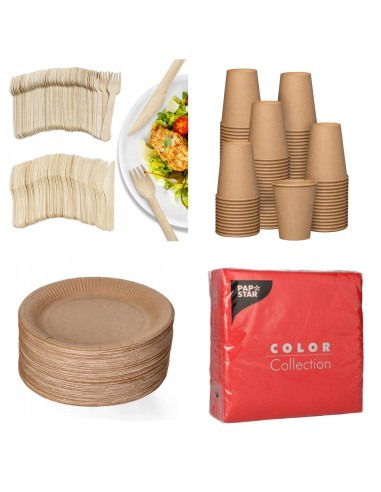 100 assiettes carton 23cm + 100 fourchettes +100 couteaux en bois+1...