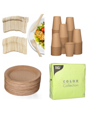 100 assiettes carton 23cm + 100 fourchettes +100 couteaux en bois+1...