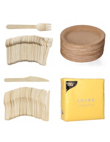 Kit 100 assiettes + couverts bois + serviettes | Packadi