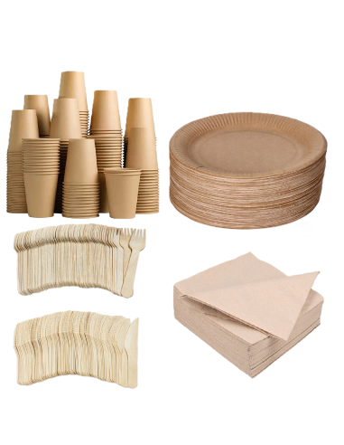 100 assiettes carton 23cm + 100 fourchettes +100 couteaux en bois+1...