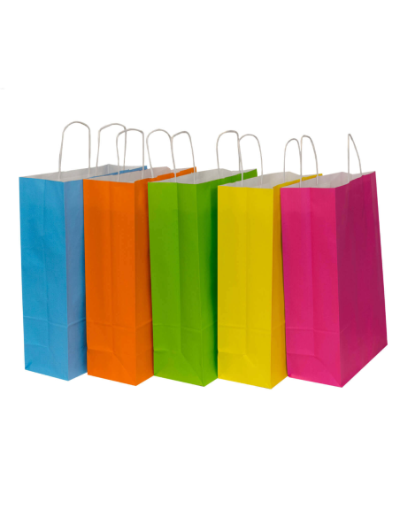 50 x Draagtassen van gekleurd kraftpapier mix 1 verschillende kleuren met gevlochten oren 18x8x22cm