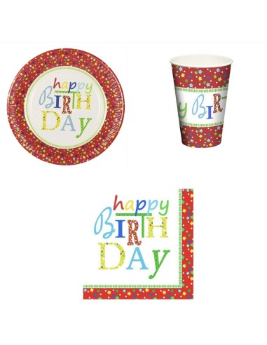 Wegwerp Servies Set Verjaardag "Happy birthday"- 20 x Borden 23cm Bekers 0,2 l Servetten 33 cm x 33 cm feest