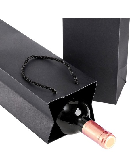 Sac pour 1 bouteille / vin 10+9x39cm en papier kraft noir avec corde