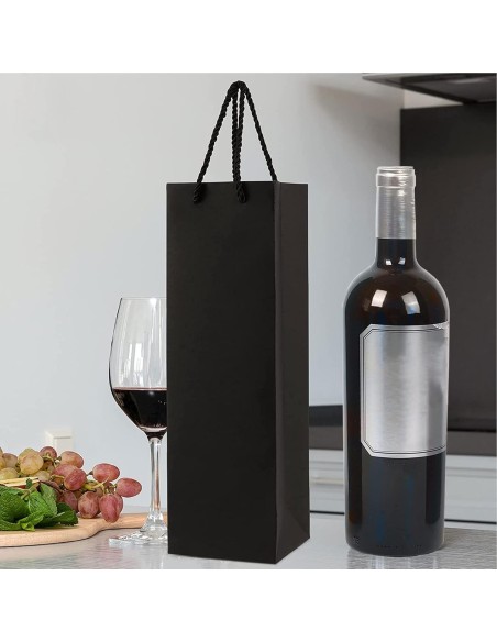 Sac pour 1 bouteille / vin 10+9x39cm en papier kraft noir avec corde