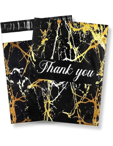 Verzendzakken met handvat « Thank you « Gold marble zwart formaat B4 25,5 x 37 + 7cm /Plastic Envelop / Verzendenveloppen