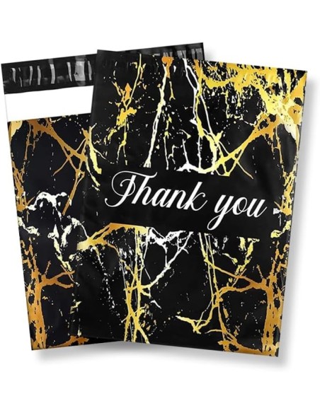 Verzendzakken met handvat « Thank you « Gold marble zwart formaat B4 25,5 x 37 + 7cm /Plastic Envelop / Verzendenveloppen