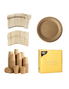 Set wegwerpservies kraft - 50 kartonnen borden, bekers, houten bestek en gele servetten 32x32cm