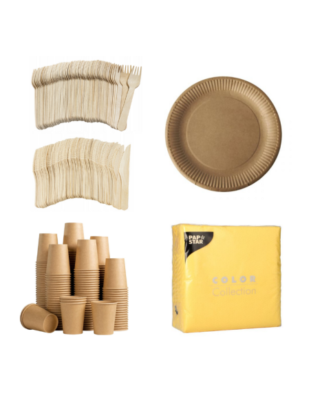 Set wegwerpservies kraft - 50 kartonnen borden, bekers, houten bestek en gele servetten 32x32cm