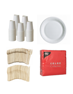 Set wegwerpservies wit - 50 kartonnen borden, bekers, houten bestek en rode servetten 32x32cm