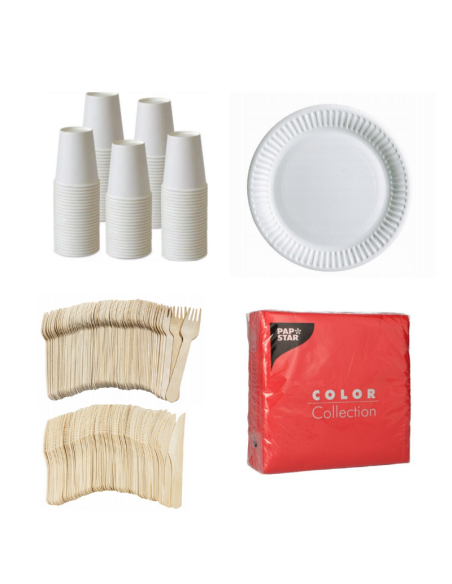 Set wegwerpservies wit - 50 kartonnen borden, bekers, houten bestek en rode servetten 32x32cm