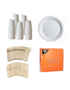 Set de vaisselle jetable blanc - 50 assiettes, gobelets en carton, couverts en bois et serviettes orange 32x32cm
