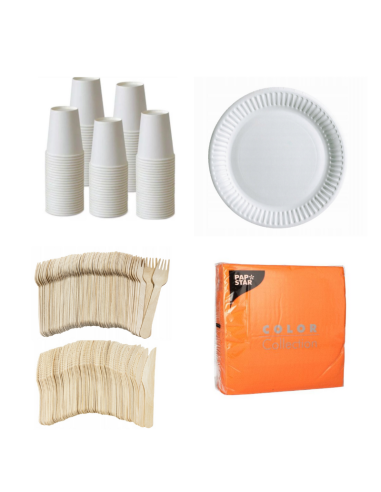 Set de vaisselle jetable blanc - 50 assiettes, gobelets en carton, couverts en bois et serviettes orange 32x32cm