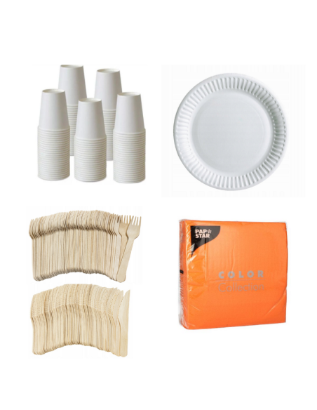 Set wegwerpservies wit - 50 kartonnen borden, bekers, houten bestek en oranje servetten 32x32cm