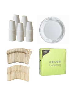 Set de vaisselle jetable blanc - 50 assiettes, gobelets en carton, couverts en bois et serviettes vert anis 32x32cm