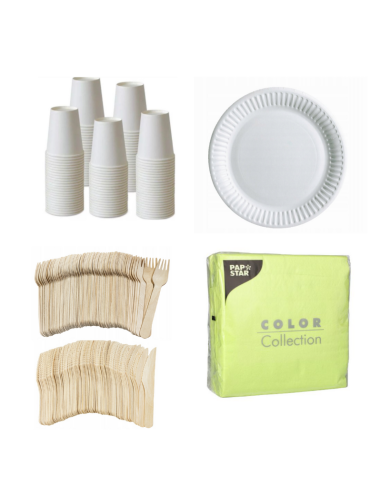 Set wegwerpservies wit - 50 kartonnen borden, bekers, houten bestek en lichtgroene servetten 32x32cm