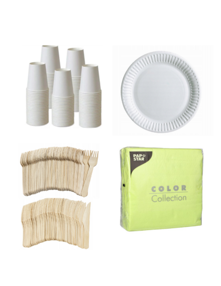 Set wegwerpservies wit - 50 kartonnen borden, bekers, houten bestek en lichtgroene servetten 32x32cm