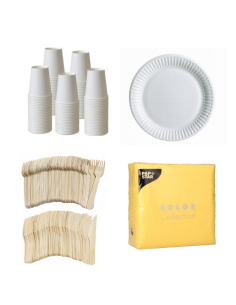 Set wegwerpservies wit - 50 kartonnen borden, bekers, houten bestek en gele servetten 32x32cm