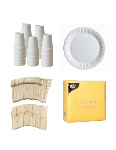 Set wegwerpservies wit - 50 kartonnen borden, bekers, houten bestek en gele servetten 32x32cm