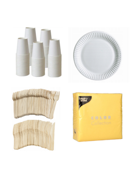Set wegwerpservies wit - 50 kartonnen borden, bekers, houten bestek en gele servetten 32x32cm