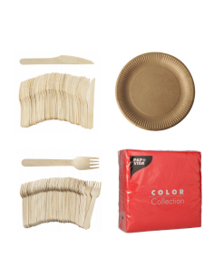 Set wegwerpservies kraft - 50 kartonnen borden, houten bestek en rode servetten 32x32cm
