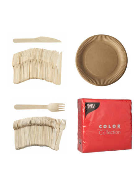Set wegwerpservies kraft - 50 kartonnen borden, houten bestek en rode servetten 32x32cm