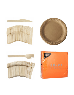Set wegwerpservies kraft - 50 kartonnen borden, houten bestek en oranje servetten 32x32cm