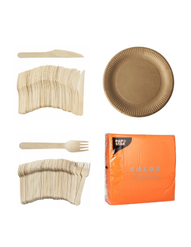 Set de vaisselle jetable kraft - 50 assiettes en carton, couverts en bois et serviettes orange 32x32cm