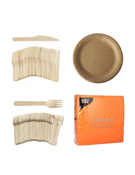 Set wegwerpservies kraft - 50 kartonnen borden, houten bestek en oranje servetten 32x32cm