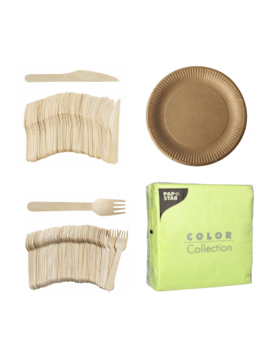 Set wegwerpservies kraft - 50 kartonnen borden, houten bestek en lichtgroene servetten 32x32cm