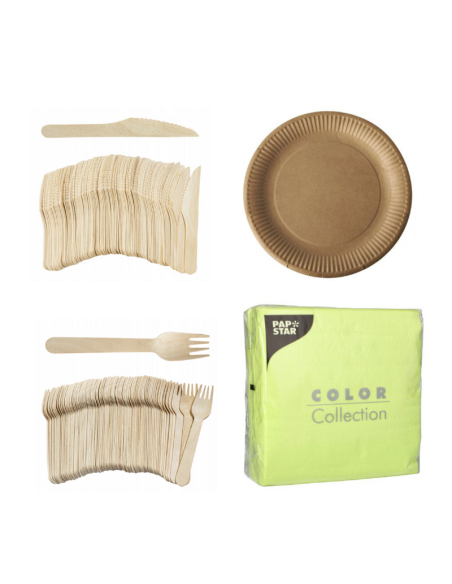 Set de vaisselle jetable kraft - 50 assiettes en carton, couverts en bois et serviettes vert anis 32x32cm